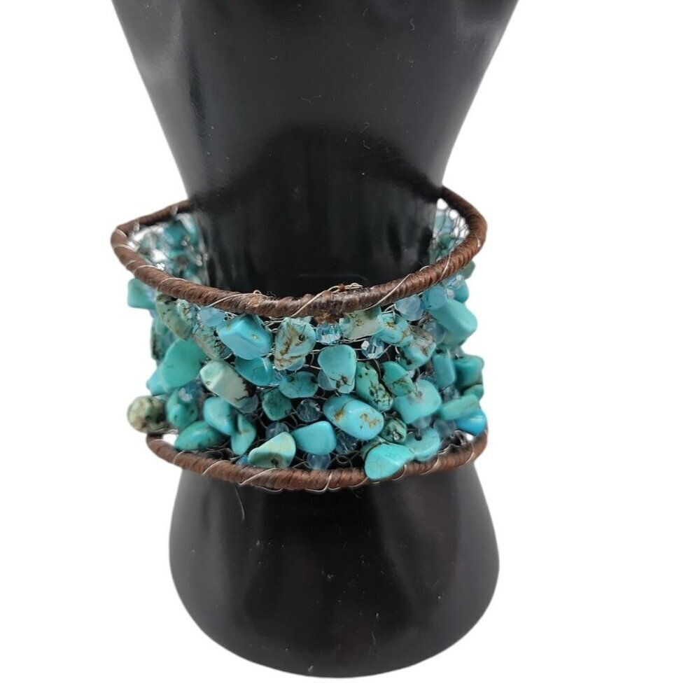 Chunky Turquoise Open Cuff Bracelet Wire Stitched Stones Handcrafted Size 7.5"